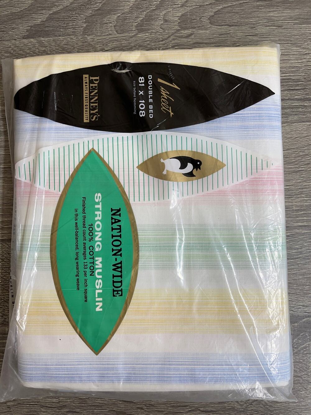 Vintage NIP Nation-wide Penney Muslin Flat Double Sheet Multicolored Stripes